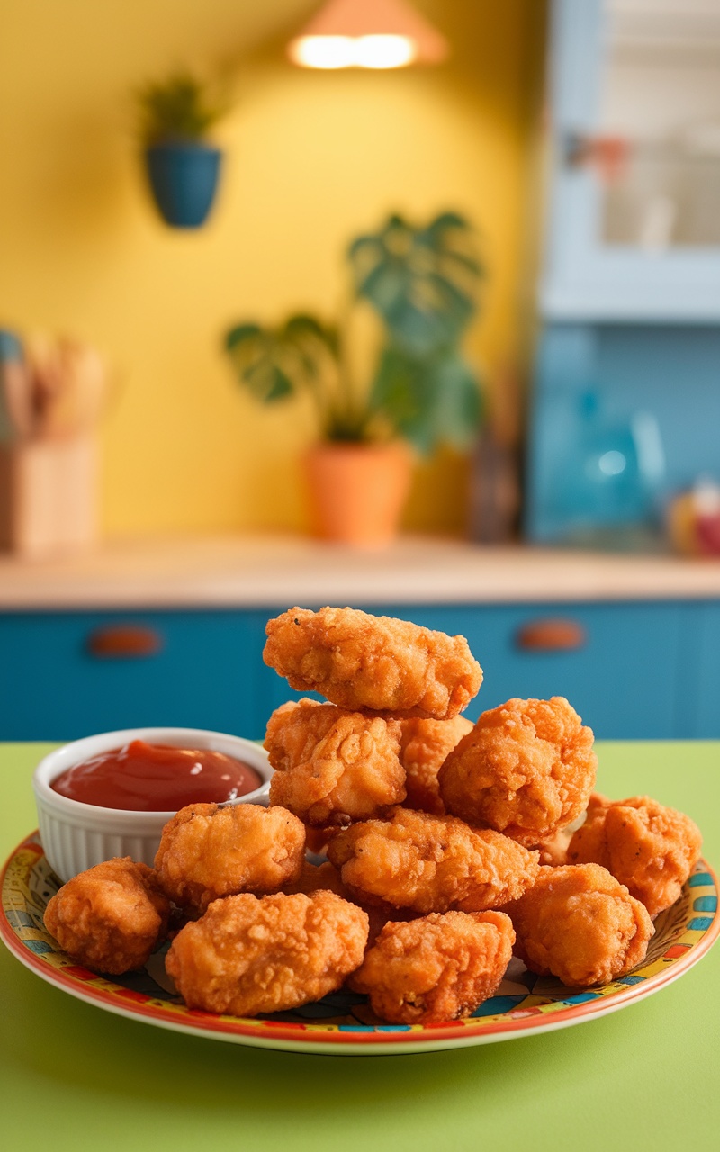 Crispy chicken nuggets served with sugar-free ketchup on a colorful plate.